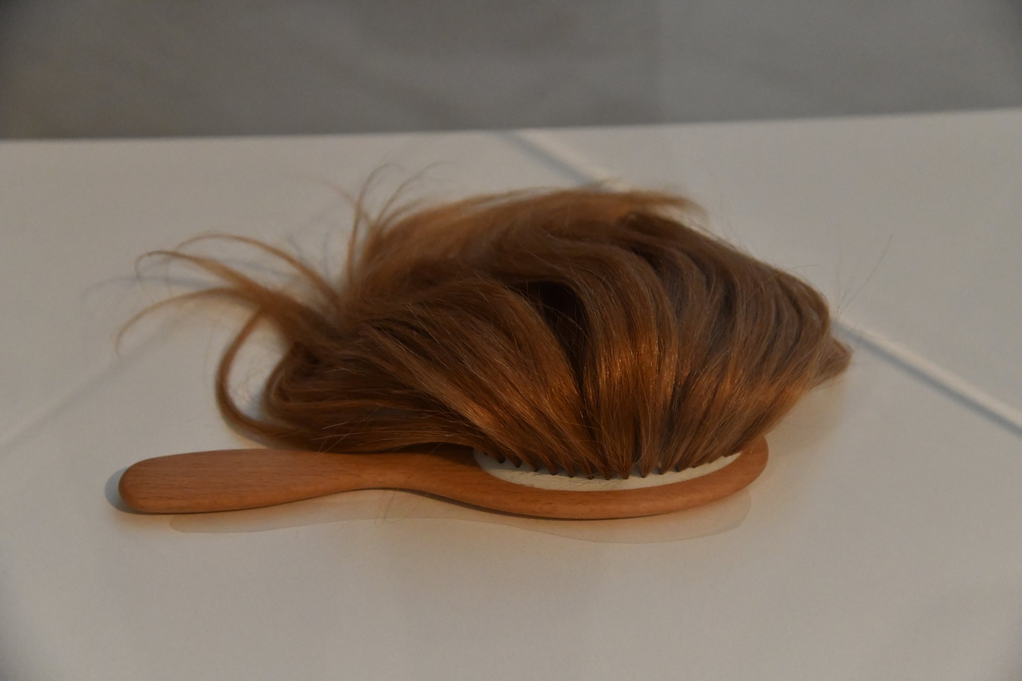 a hairbrush full of hair, on display