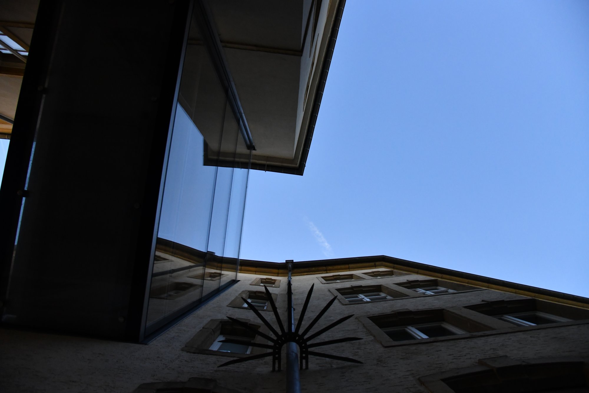 looking up past a glass facade at the sky